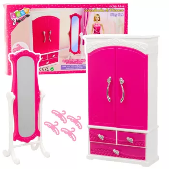 LEAN TOYS Lėlių Baldų Rinkinys Spinta Veidrodis Pakabos Rožinė