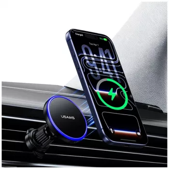 USAMS Magnetinis laikiklis automobilio ventiliacijos grotelėms išmaniesiems telefonams, 360° sukimas, juodas