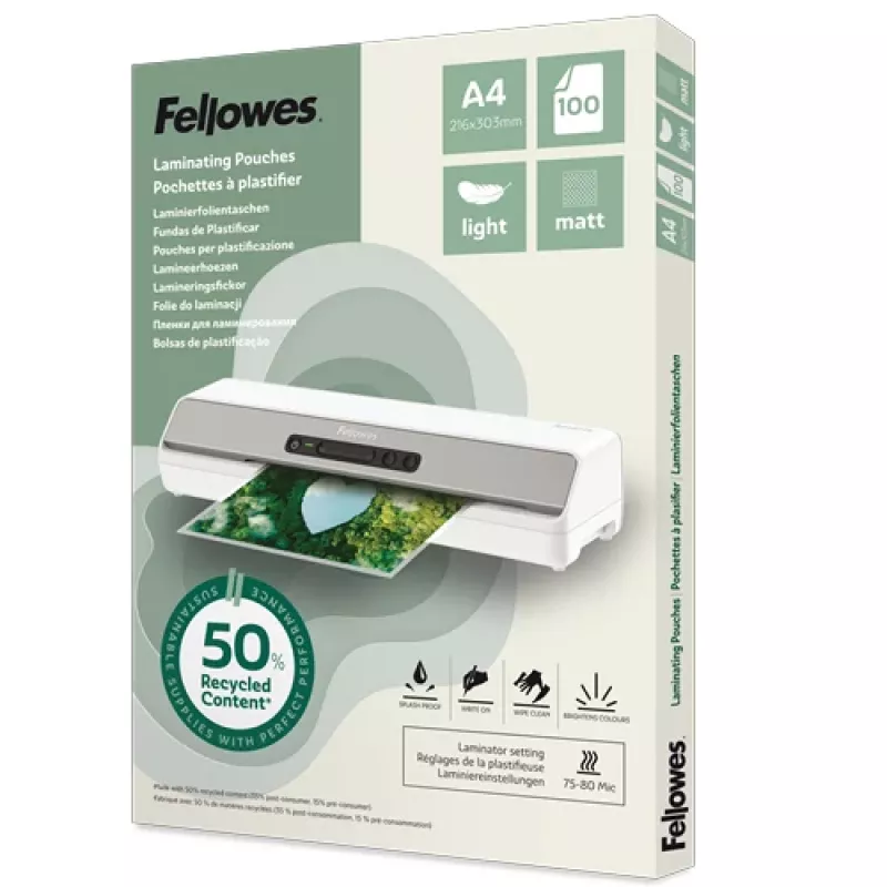 Fellowes 100 vnt. A4 matiniai laminavimo maišeliai, 80 mikronų, iš perdirbtų medžiagų