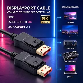 Qoltec DisplayPort v2.1 laidas, vyriškas-į-vyrišką, 8K 54G, 5m, juodas