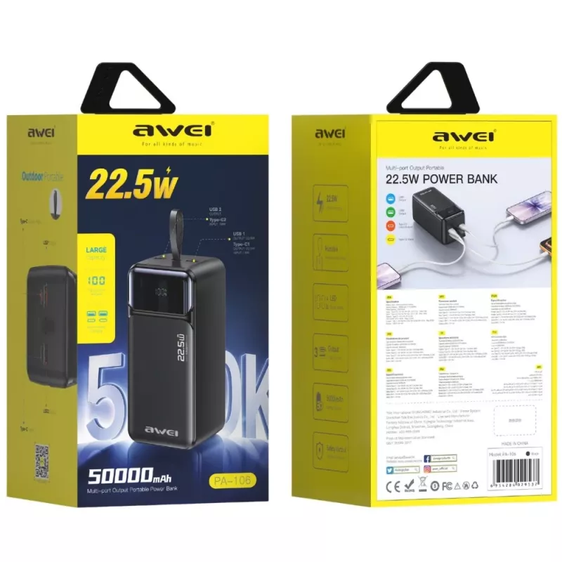 AWEI PA-106 Power Bank 50000mAh 22.5W PD 3xUSB-C Juoda