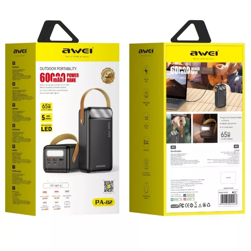 AWEI PA-82 Power Bank 60000mAh 65W PD 2xUSB-A/USB-C Juoda