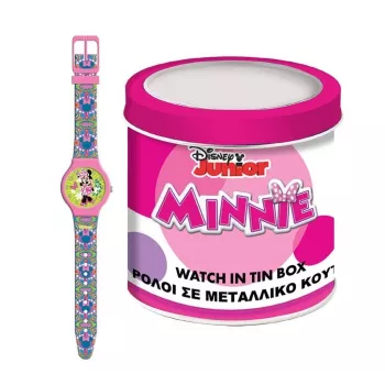 PULIO analoginis laikrodis skardinėje dėžutėje - Disney Minnie Mouse, rožinis PU odos dirželis, kvarcinis mechanizmas, 30mm metalo lydinio korpusas, atsparus purslams, mergaitėms nuo 6 metų