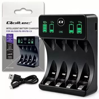 Qoltec NiMH/NiCd baterijų įkroviklis AA, AAA, C, D, 9V su LCD ekranu ir USB-C laidu - juodas