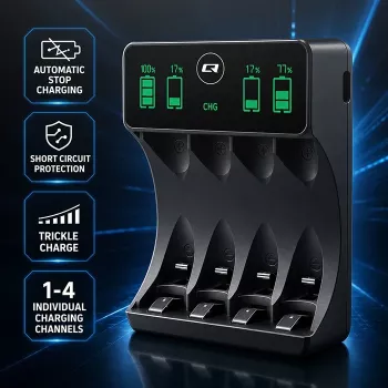Qoltec NiMH/NiCd baterijų įkroviklis AA, AAA, C, D, 9V su LCD ekranu ir USB-C laidu - juodas