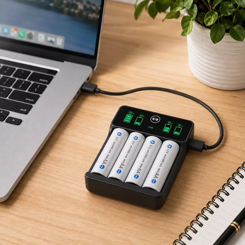 Qoltec NiMH/NiCd baterijų įkroviklis AA, AAA, C, D, 9V su LCD ekranu ir USB-C laidu - juodas