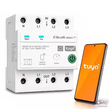 Qoltec trifazis 63A išmanusis Wi-Fi automatinis jungiklis 4P (3P+N) DIN bėgeliui | Laikmatis | Tuya | Smart Life | Amazon Alexa