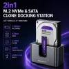 Qoltec 2in1 HDD SSD prijungimo stotelė SATA M.2 NVMe su klonavimu, USB-C 3.2 Gen 2, 10Gbps, iki 28TB, aliuminio