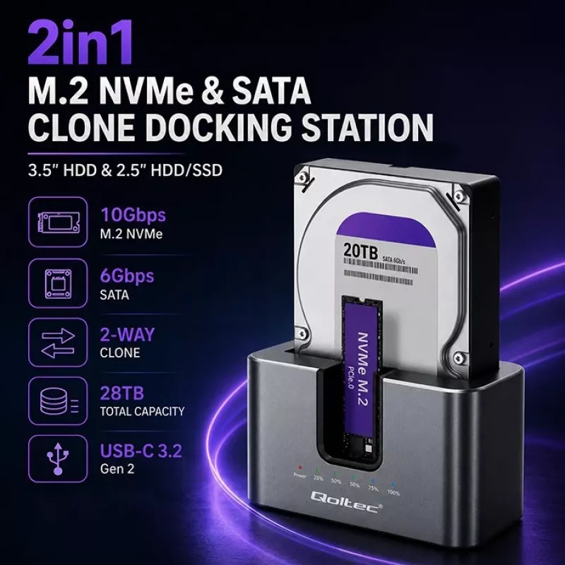 Qoltec 2in1 HDD SSD prijungimo stotelė SATA M.2 NVMe su klonavimu, USB-C 3.2 Gen 2, 10Gbps, iki 28TB, aliuminio