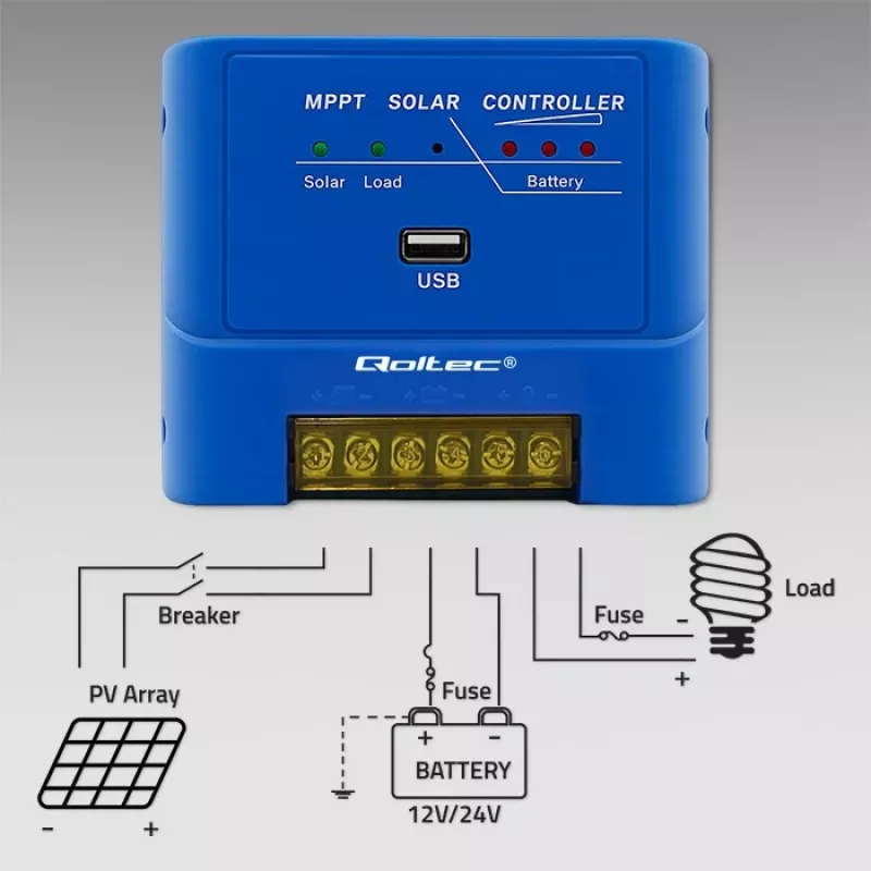 QOLTEC MPPT 15A saulės įkrovimo valdiklis 12V/24V LiFePO4, Gel, AGM, Flooded, Sealed Lead-Acid su LCD ir RS485