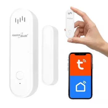 GREENBLUE GB478 belaidis WiFi durų/langų jutiklis – magnetinis kontaktinis, Tuya ir Gosund programėlės, Alexa/Google, maitinamas baterija, baltas