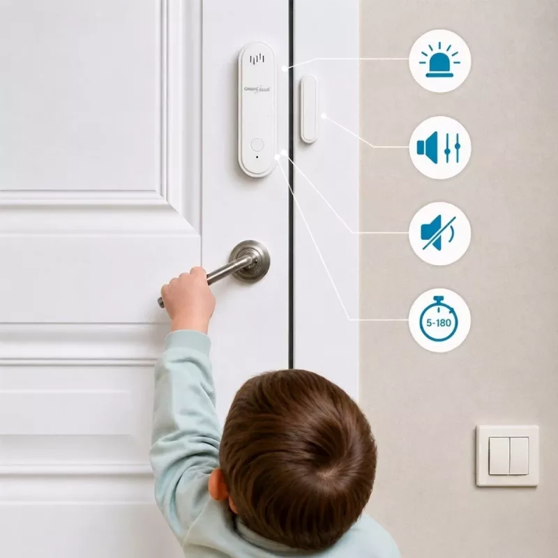 GREENBLUE GB478 belaidis WiFi durų/langų jutiklis – magnetinis kontaktinis, Tuya ir Gosund programėlės, Alexa/Google, maitinamas baterija, baltas