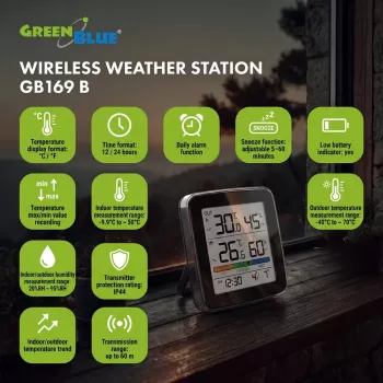 GREENBLUE GB169 B belaidė meteorologijos stotelė su spalvotu ekranu ir lauko davikliu
