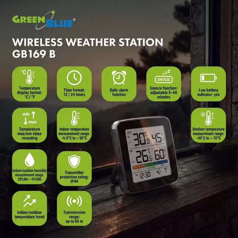 GREENBLUE GB169 B belaidė meteorologijos stotelė su spalvotu ekranu ir lauko davikliu