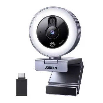 UGREEN 2K QHD internetinė kamera su LED apšvietimu ir įmontuotu mikrofonu, 30fps, USB 2.0, automatinis fokusavimas, 80° matymo laukas, su spaustuku ir trikojo sriegiu, juoda