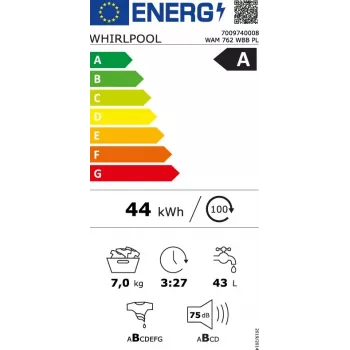 Whirlpool WAM762WBBPL 7 kg 1200 aps./min skalbimo mašina su 6th Sense technologija, FreshCare+, Clean+, 14 programų, LED ekranu, vaikų užraktu, atidėtu startu, C energijos klasė, balta