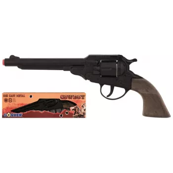 PULIO Cowboy Revolver Metal 8-Shot Cap Gun - juoda/sidabrinė su rudomis rankenomis