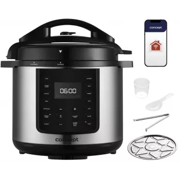 CONCEPT CK8001 daugiafunkcis puodas, 5 l, 900 W, 10 programų, LED, nelipni keraminė talpa, atidėtas startas, palaikoma šiluma, juodos/sidabrinės spalvos