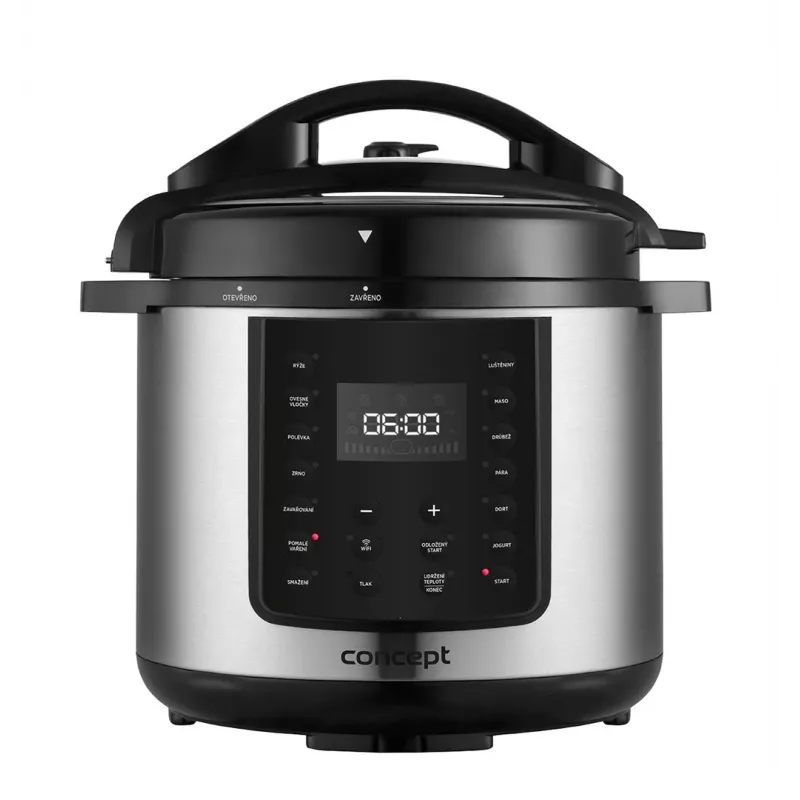 CONCEPT CK8001 daugiafunkcis puodas, 5 l, 900 W, 10 programų, LED, nelipni keraminė talpa, atidėtas startas, palaikoma šiluma, juodos/sidabrinės spalvos