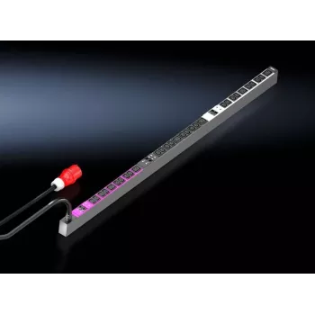 Rittal PDU Basic 7979137 - trifazis 16A 1U 19 inch stovo maitinimo skirstytuvas, 12x C13 ir 3x C19 lizdai, IEC 60309 įvadas, juodos spalvos