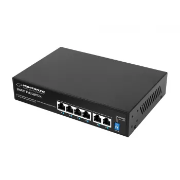 ESPERANZA 6-Port PoE+ Gigabit Switch 65W GOLIATH (4 PoE+ prievadai, 2 uplink, 12 Gbps, be ventiliatoriaus, metalinis)
