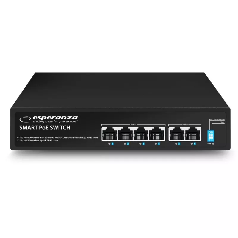 ESPERANZA 6-Port PoE+ Gigabit Switch 65W GOLIATH (4 PoE+ prievadai, 2 uplink, 12 Gbps, be ventiliatoriaus, metalinis)