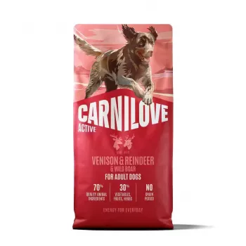 CARNILOVE ACTIVE sausas šunų maistas su elniena, šiaurės elnio mėsa ir šerniena aktyviems suaugusiems visų veislių šunims 12 kg