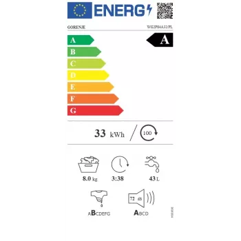 Gorenje WG2P84A32/PL laisvai pastatoma skalbyklė su priekiniu pakrovimu, 8 kg, 1400 aps./min., A energijos klasė, balta