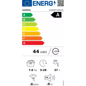 Gorenje W3NGPI72SAS/PL 7 kg 1200 aps./min. laisvai pastatoma priekinio pakrovimo skalbimo mašina su SteamTech ir inverteriniu PowerDrive varikliu