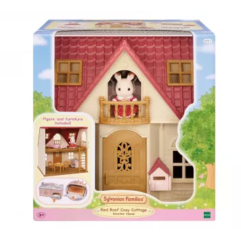 EPOCH Sylvanian Families Starter House – Raudono stogo serijos namelis su Freya šokoladine triušyte ir 10 baldų