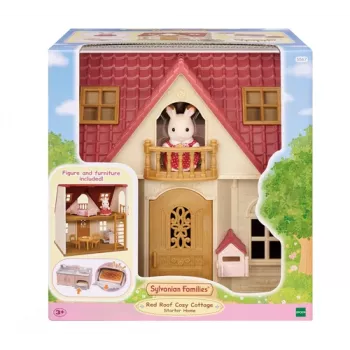 EPOCH Sylvanian Families Starter House – Raudono stogo serijos namelis su Freya šokoladine triušyte ir 10 baldų