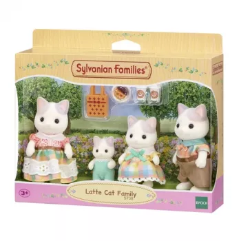 EPOCH Sylvanian Families Milk Cat šeima - 4 kolekcinės figūrėlės (tėtis Cyrus, mama Stella, sūnus Freddie, dukra Millie) nuo 3 metų