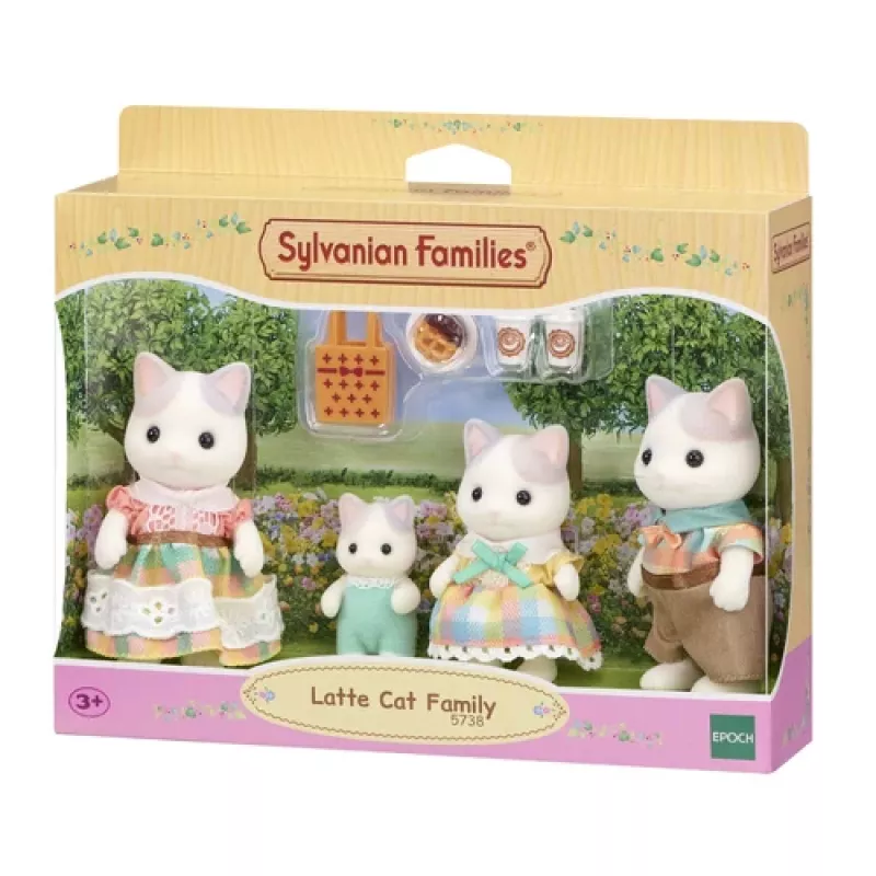 EPOCH Sylvanian Families Milk Cat šeima - 4 kolekcinės figūrėlės (tėtis Cyrus, mama Stella, sūnus Freddie, dukra Millie) nuo 3 metų