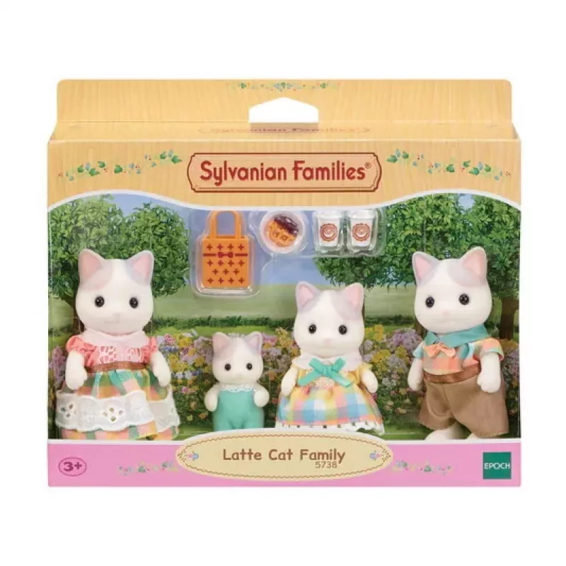 EPOCH Sylvanian Families Milk Cat šeima - 4 kolekcinės figūrėlės (tėtis Cyrus, mama Stella, sūnus Freddie, dukra Millie) nuo 3 metų