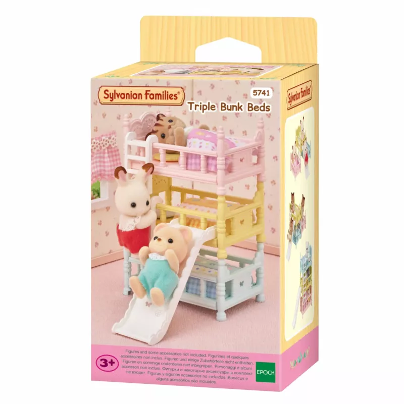 EPOCH Sylvanian Families Trigubos lovos su kopėčiomis - lėlių namelio baldai, 3 pakopų, balta su rožiniais akcentais, su kopėčiomis ir 3 čiužiniais, kūdikių figūrėlėms, nuo 3 metų