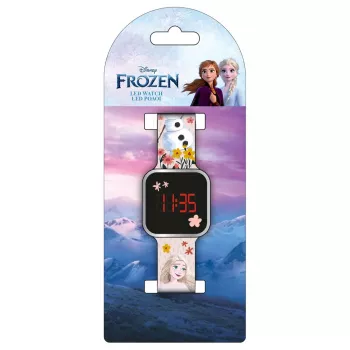 PULIO skaitmeninis laikrodis su LED ekranu - Frozen vaikų laikrodis su raudonu LED ekranu, mėlyno/violetinio silikono dirželiu, oficiali Disney Frozen tema