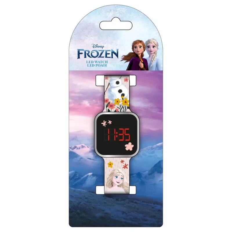 PULIO skaitmeninis laikrodis su LED ekranu - Frozen vaikų laikrodis su raudonu LED ekranu, mėlyno/violetinio silikono dirželiu, oficiali Disney Frozen tema