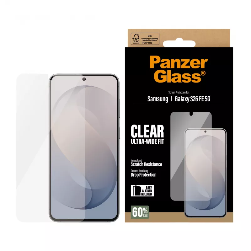 PanzerGlass Ultra-Wide Fit ekrano apsauginis stiklas, skirtas Samsung Galaxy S26 FE su EasyAligner