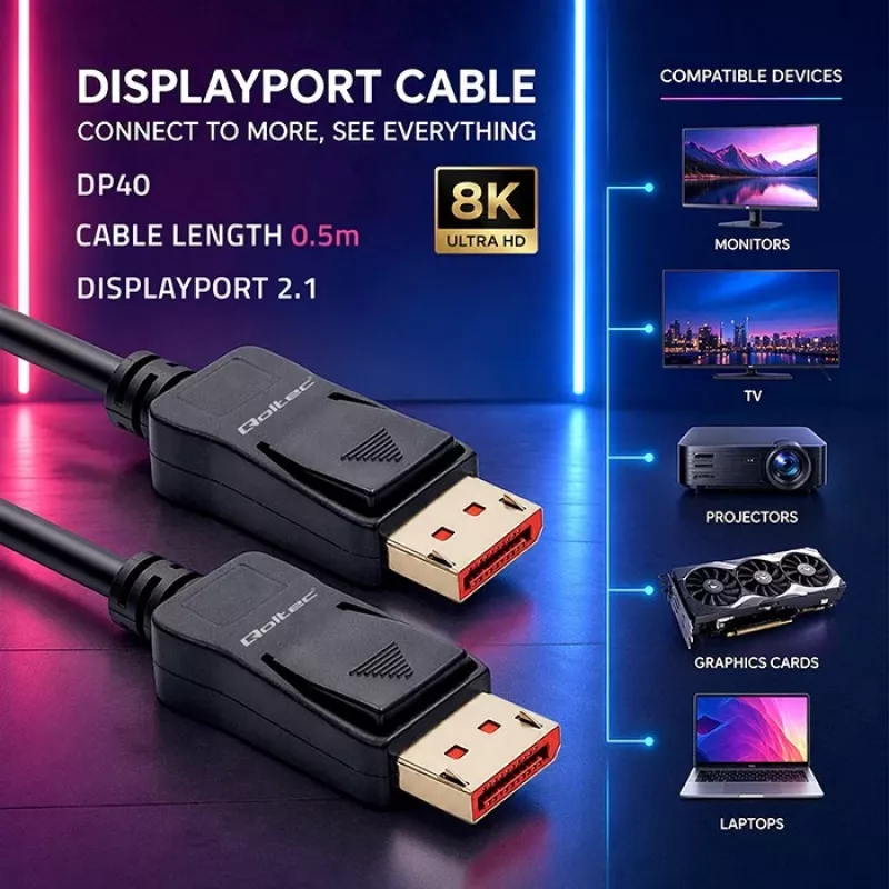QOLTEC DisplayPort laidas M/M V2.1 40G 0,5 m