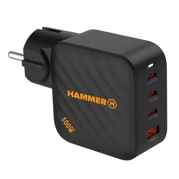 HAMMER RapidCharge 100W GaN sieninis įkroviklis, 2x USB-C PD 100W + 1x USB-A QC 30W, juodas