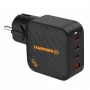 HAMMER RapidCharge 100W GaN sieninis įkroviklis, 2x USB-C PD 100W + 1x USB-A QC 30W, juodas