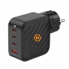 HAMMER RapidCharge 100W GaN sieninis įkroviklis, 2x USB-C PD 100W + 1x USB-A QC 30W, juodas
