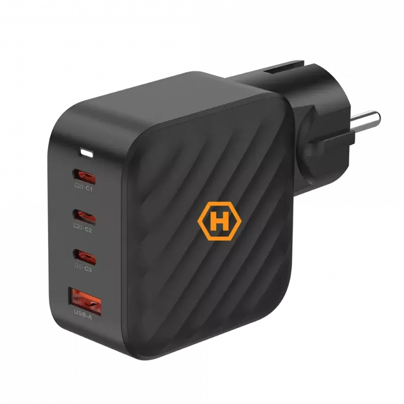HAMMER RapidCharge 100W GaN sieninis įkroviklis, 2x USB-C PD 100W + 1x USB-A QC 30W, juodas