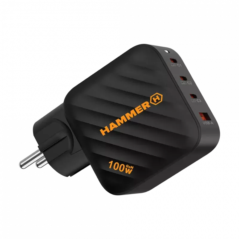 HAMMER RapidCharge 100W GaN sieninis įkroviklis, 2x USB-C PD 100W + 1x USB-A QC 30W, juodas