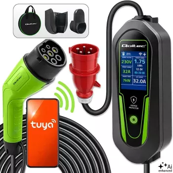 Qoltec 53181 Type 2 EV įkroviklis su reguliuojama srove, 7 kW, 230 V, CEE 32 A, Wi-Fi, Tuya Smart Life, LCD, 5 m laidas