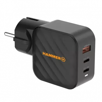 HAMMER RapidCharge 65W GaN sieninis įkroviklis - 2x USB-C PD, 1x USB-A QC, juodas
