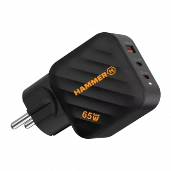 HAMMER RapidCharge 65W GaN sieninis įkroviklis - 2x USB-C PD, 1x USB-A QC, juodas