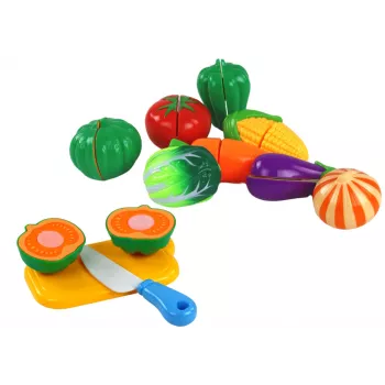 LEAN TOYS Velcro daržovės krepšelyje – 8 dalių žaidimų maisto rinkinys su lėkšte ir peiliuku
