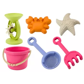 LEAN TOYS smėlio žaidimų rinkinys - kibirėlis, malūnėlis, sietelis, 3 pastelinės formelės (6 vnt.)