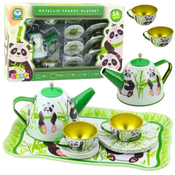 LEAN TOYS Panda Green Metal Tea Set 14 dalių | Vaikiškas skardinis arbatos servizas su arbatinuku, puodeliais, lėkštutėmis ir padėklu | Vaidmenų žaidimų virtuvės rinkinys nuo 3 metų